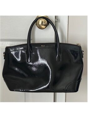 RLL Ralph Lauren Black Leather 2-Way Satchel Bag Cowhide Patent High Gloss Good